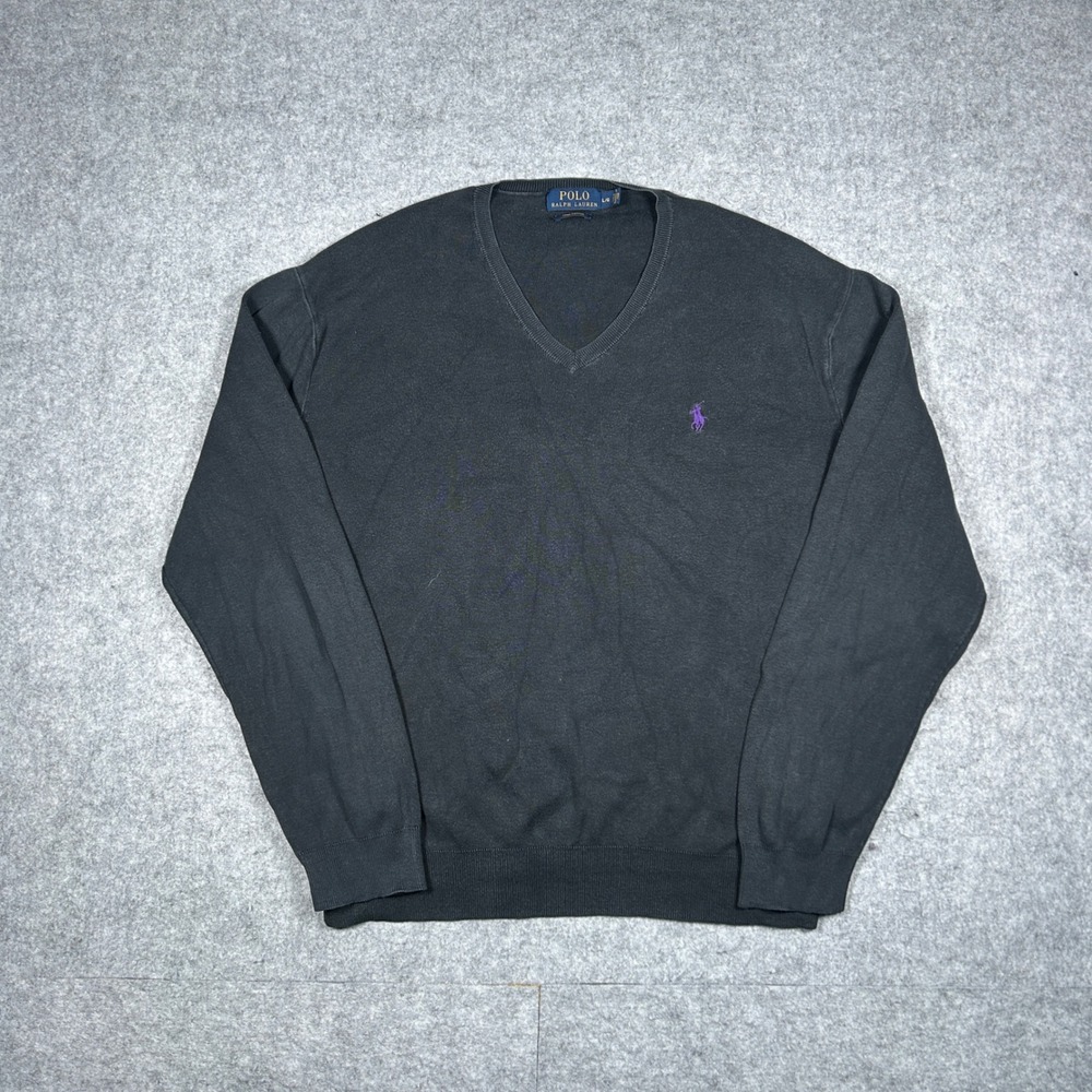 Polo Ralph Lauren Sweater Mens Large Black V-Neck Pima Cotton Purple Pony Logo